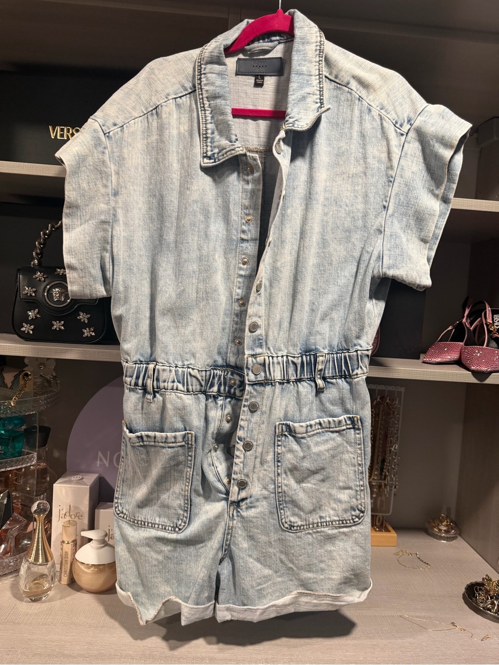Light Wash Denim Romper with Front Pockets